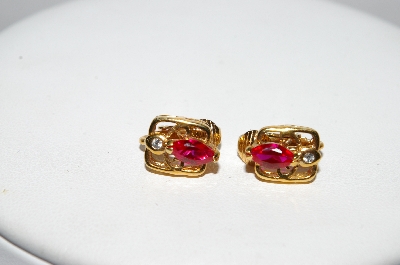 +MBA #96-190 "Vintage Gold Plated Red Stone Clip On Earrings"