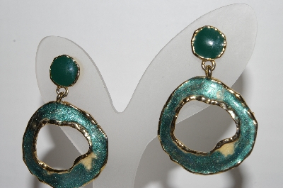 +MBA #94-180  "Vintage Goldtone Green Enameled Pierced Earrings"
