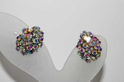 +MBA #98-179  "Vintage Antiqued Silvertone AB Crystal Rhinestone Clip On Earrings"