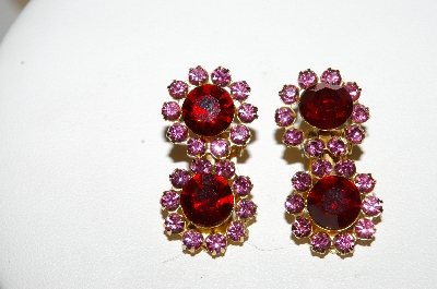 +MBA #98-043  "Vintage Goldtone Pink & Red Crystal Rhinestone Clip On Earrings"