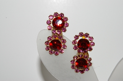 +MBA #98-043  "Vintage Goldtone Pink & Red Crystal Rhinestone Clip On Earrings"