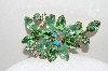 +MBA #98-086 "Vintage Goldtone Fancy Green Rhinestone & Art Glass Pin"