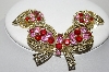 +MBA #99-381  "Coro Goldtone Pink & Red Rhinestone Bow Pin & Matching Earring Set"
