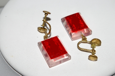+MBA #99-361  "Vintage Goldtone Red & Clear Lucite Screw Back Earrings"