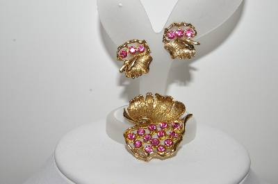 +MBA #99-044  "Vintage Goldtone Pink Crystal Rhinestone Leaf Pin & Earrings Set"