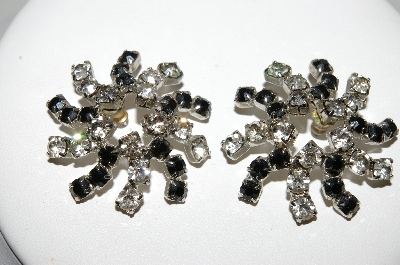 +MBA #99-051  "Vintage Silvertone Clear & Black Crystal Rhinestone Pierced Earrings"