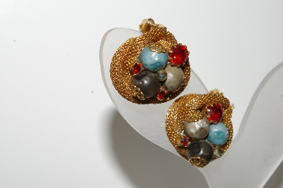 +MBA #99-356  "Vintage Goldtone Mesh Style Bead & Red Rhinestone Clip On Earrings"