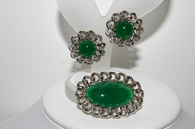 +MBA #99-011  "Vintage Silvertone Green Glass Pin & Earring Set"