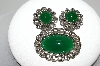 +MBA #99-011  "Vintage Silvertone Green Glass Pin & Earring Set"