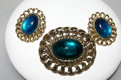 +MBA #99-088  "Vintage Antiqued Goldtone Blue Glass Pin & Earring Set"