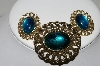 +MBA #99-088  "Vintage Antiqued Goldtone Blue Glass Pin & Earring Set"