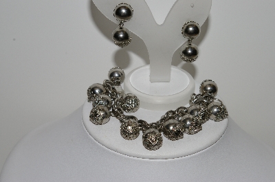 +MBA #99-047  "Vintage Silvertone Fancy Bead Bracelet & Matching Earring Set"