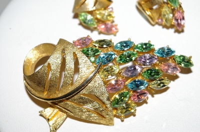 +MBA #41E-258  "Vintage Goldtone Pastel Colored Crystal Rhinestone Pin & Matching Earrings Set"