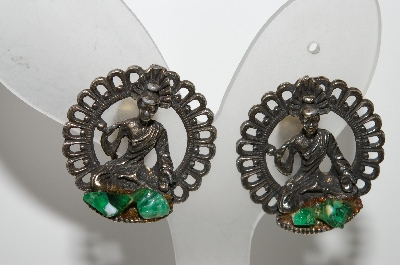 +MBA #E42-173  "Vintage Antiqued Metal Oriental Style Clip On Earrings"