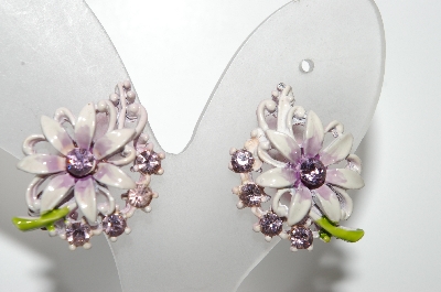 +MBA #E42-160  "Vintage Lavender Enameled & Lavender Crystal Rhinestone Fancy Flower Earrings"