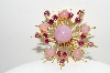 **MBA #E43-059  "Vintage Gold Plated Fancy Pink Glass Stone & Rhinestone Pin"