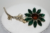 **MBA #E43-072  "Vintage Goldtone Large Green & Brown Rhinsetone Flower Pin"