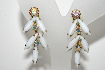 +MBA #E43-122  "Vintage Goldtone White Milk Glass & AB Crystal Rhinestone Earrings"