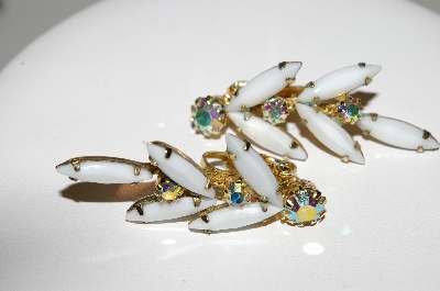 +MBA #E43-122  "Vintage Goldtone White Milk Glass & AB Crystal Rhinestone Earrings"