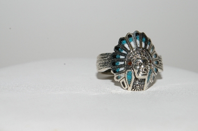 + MBA #E44-234   "Sterling Gemstone Inlay Indian Chief Ring"