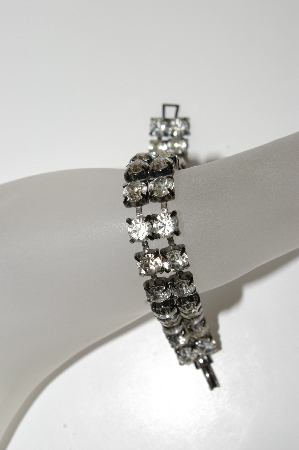 +MBA #E45-131   "Vintage Antiqued Silvertone Two Row Clear Crystal Rhinestone Bracelet"