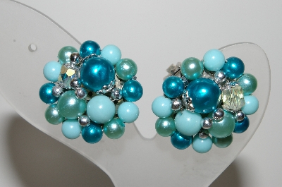 +MBA #E45-244   "Vintage Made In Japan Blue Bead Cluster Earrings"