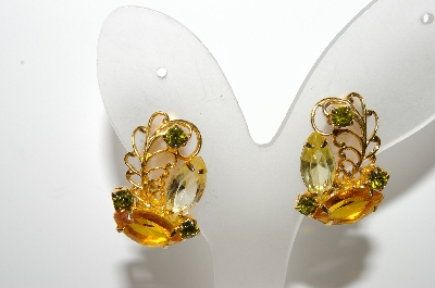 +MBA #E46-105   "Vintage Goldtone  Citrine & Green Rhinestone Fancy Pin & Earring Set"