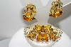 +MBA #E46-105   "Vintage Goldtone  Citrine & Green Rhinestone Fancy Pin & Earring Set"