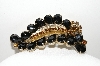 **MBA #E46-054   "Vintage Gold Plated Black Glass & Brown Rhinestone Fancy Leaf Pin"