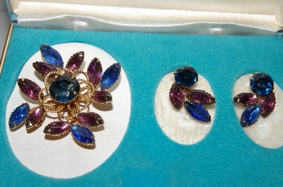 +MBA #E46-166  "Vintage Set Of Fashion Jewels Blue & Purple Glass Stone Pin & Earrings "
