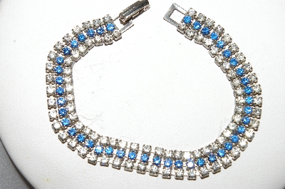 +MBA #E47-123   "Vintage Silvertone Clear & Blue Crystal Rhinestone Bracelet"