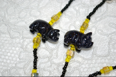+MBA #6556  "Blue Goldstone Hand carved Pigs with Black & Yellow Glass Beads