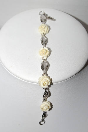 +MBA #91-032    "Vintage Sterling White Celluloid Rose Flower Bracelet" 