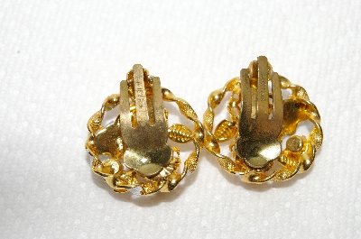+MBA #E48-126   "Vintage Made In Austria Gold Tone Crystal Rhinestone & Enamel Clip On Earrings"