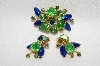 +MBA #E49-012   "Beau Jewels Gold Tone Glass Stone & Rhinestone Pin & Matching Clip On Earrings Set"