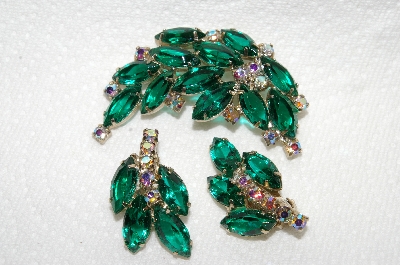 +MBA #E49-041  "Vintage Gold Tone Green Glass & AB Crystal Rhinestone Pin & Matching Earring Set"