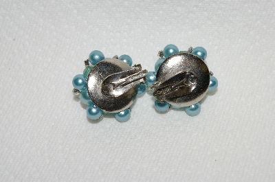 +MBA #E49-032   "Vintage Blue Acrylic Bead & Faux Blue Pearl Cluster Earrings"