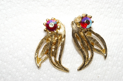 +MBA #E49-088   "Vintage Gold Tone Red AB Crystal Rhinestone Clip On Earrings"