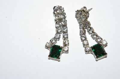+MBA #E50-318    "Vintage Silvertone Green & Clear Crystal Rhinestone Pierced Earrings"