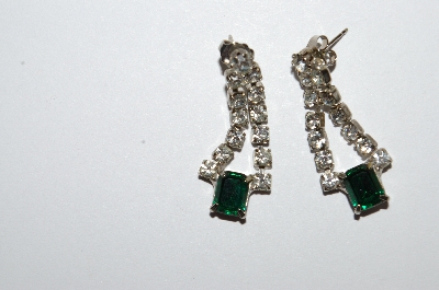 +MBA #E50-318    "Vintage Silvertone Green & Clear Crystal Rhinestone Pierced Earrings"