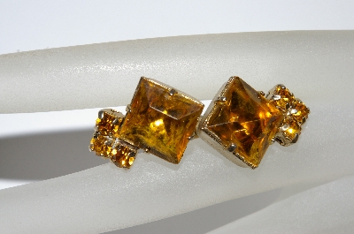 +MBA #E50-286   "Vintage Gold Tone Citrine Colored Rhinestone Earrings"