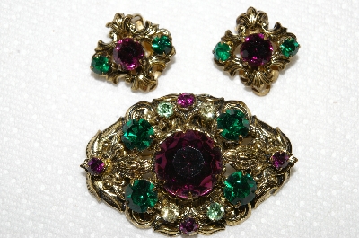 +MBA #E52-058    "Vintage Gold Tone Green, Purple & Clear Glass & Rhinestone Pin & Earrings Set"