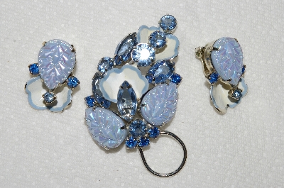 +MBA #E53-090   "Vintage Fancy Enameled  Blue Glass Stone & Rhinestone Floral Pin & Earring Set"
