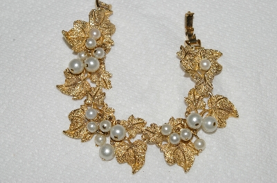 +MBA #E53-224   "Vintage Gold Plated Faux Glass Pearl Fancy Leaf Bracelet"