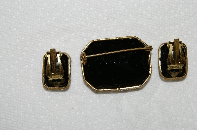 +MBA #E53-121   "Made In West Germany Black Glass Stone Pin & Earring Set"