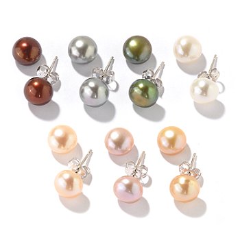 +MBA #E51-346   "Sterling 8-9 mm Colored Freshwater Cultured Pearl Set Of 7 Pairs Of Pierced Earrings"