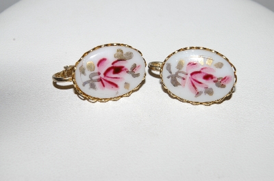 +MBA #E51-068   "Vintage Gold Tone Hand Painted Rose Porcelain Clip On Earrings"