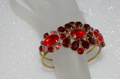 +MBA #E55-216   "Vintage Gold Tone Red Rhinestone Cuff Bracelet"
