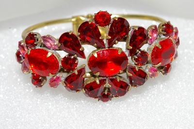 +MBA #E55-216   "Vintage Gold Tone Red Rhinestone Cuff Bracelet"