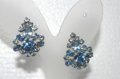 +MBA #E55-273   "Vintage Silvertone Fancy Blue Crystal Rhinestone Screw Back Earrings"